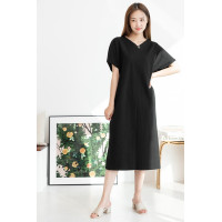 Women's V-Neck Short Sleeve Loose Long Jersey Dress (Free Size)
